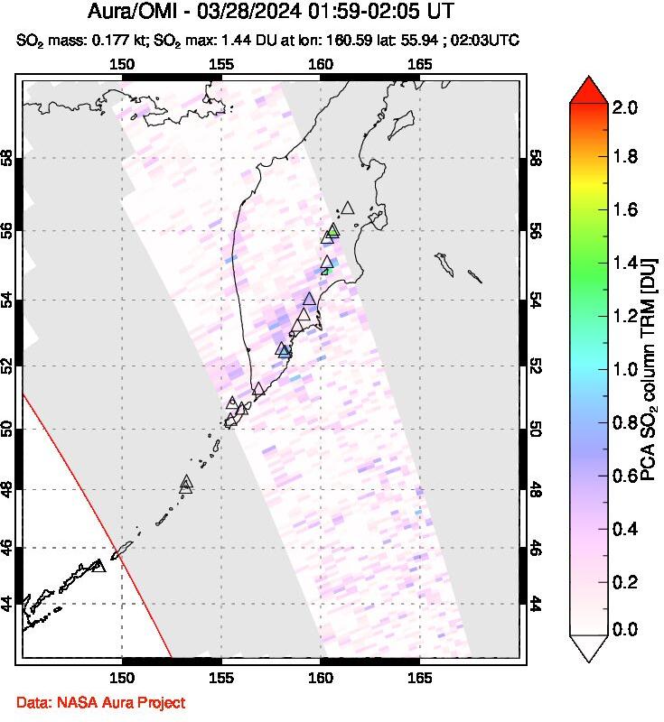 A sulfur dioxide image over Kamchatka, Russian Federation on Mar 28, 2024.