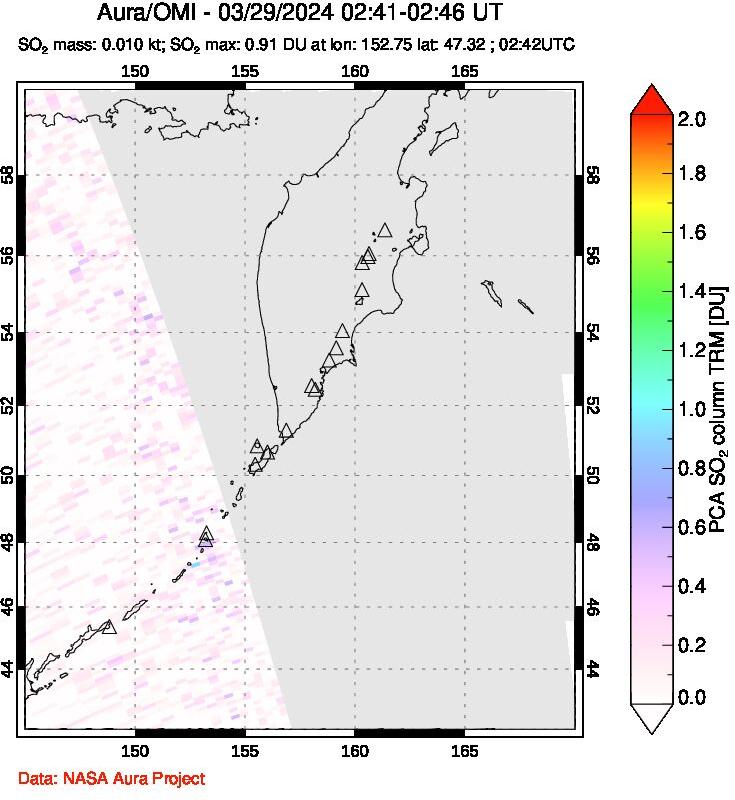 A sulfur dioxide image over Kamchatka, Russian Federation on Mar 29, 2024.