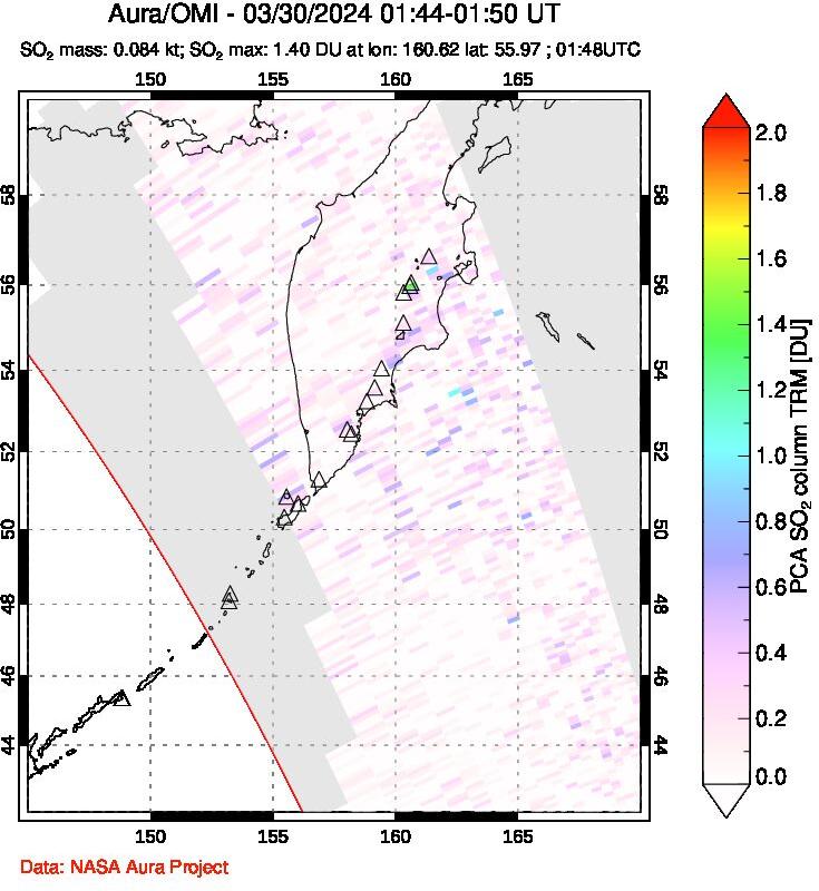 A sulfur dioxide image over Kamchatka, Russian Federation on Mar 30, 2024.