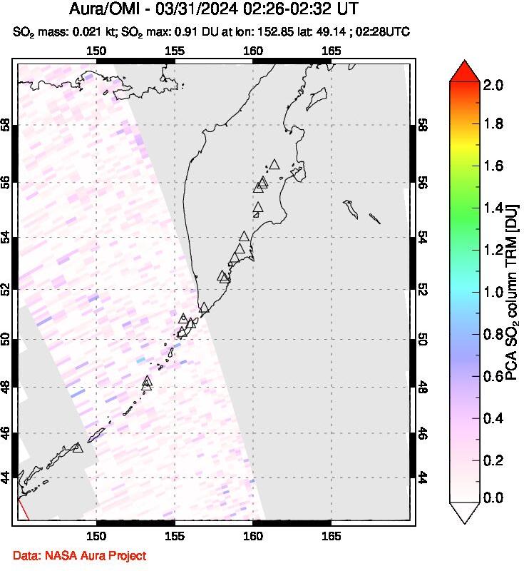 A sulfur dioxide image over Kamchatka, Russian Federation on Mar 31, 2024.