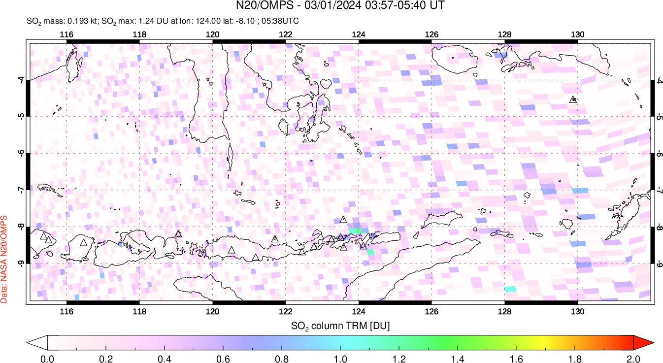 A sulfur dioxide image over Lesser Sunda Islands, Indonesia on Mar 01, 2024.