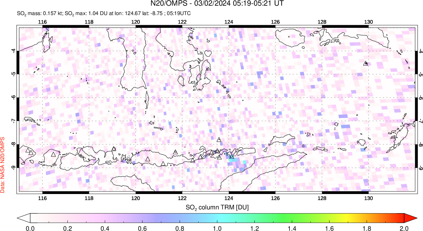 A sulfur dioxide image over Lesser Sunda Islands, Indonesia on Mar 02, 2024.