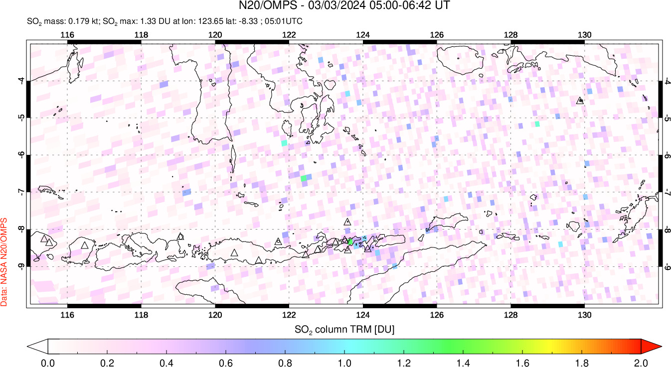 A sulfur dioxide image over Lesser Sunda Islands, Indonesia on Mar 03, 2024.