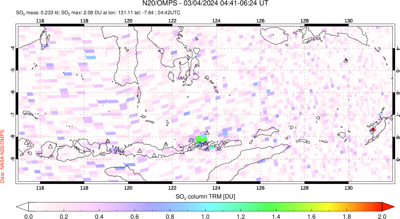 A sulfur dioxide image over Lesser Sunda Islands, Indonesia on Mar 04, 2024.