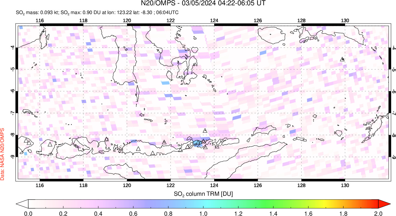 A sulfur dioxide image over Lesser Sunda Islands, Indonesia on Mar 05, 2024.