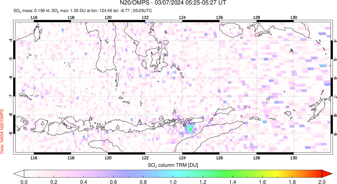 A sulfur dioxide image over Lesser Sunda Islands, Indonesia on Mar 07, 2024.