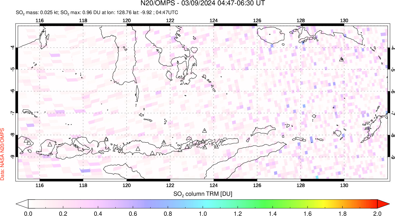 A sulfur dioxide image over Lesser Sunda Islands, Indonesia on Mar 09, 2024.