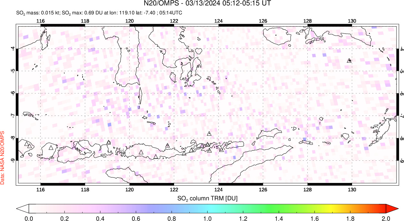 A sulfur dioxide image over Lesser Sunda Islands, Indonesia on Mar 13, 2024.