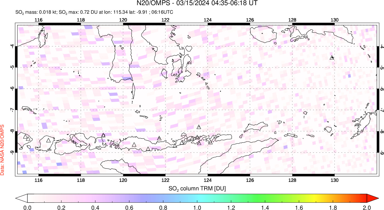 A sulfur dioxide image over Lesser Sunda Islands, Indonesia on Mar 15, 2024.