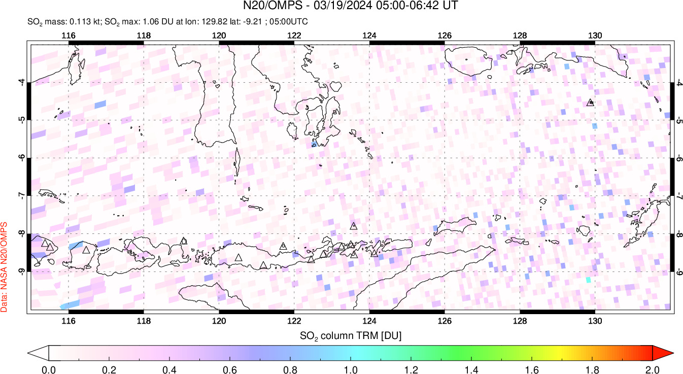 A sulfur dioxide image over Lesser Sunda Islands, Indonesia on Mar 19, 2024.