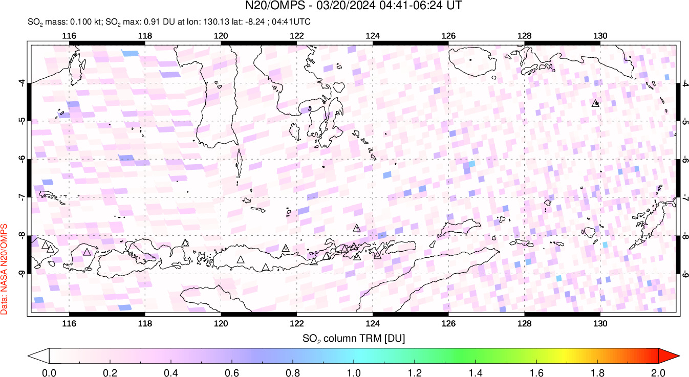 A sulfur dioxide image over Lesser Sunda Islands, Indonesia on Mar 20, 2024.