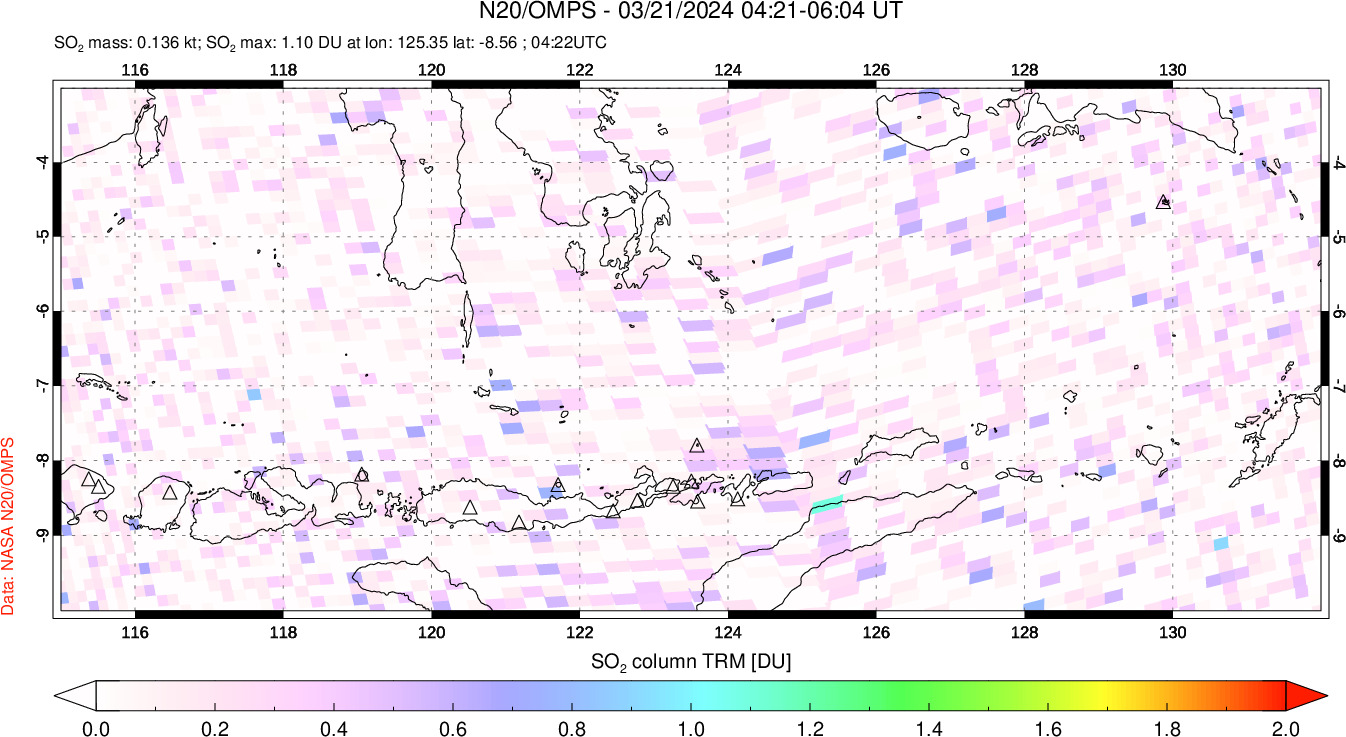 A sulfur dioxide image over Lesser Sunda Islands, Indonesia on Mar 21, 2024.