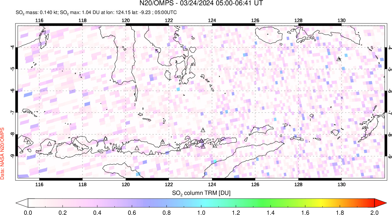 A sulfur dioxide image over Lesser Sunda Islands, Indonesia on Mar 24, 2024.