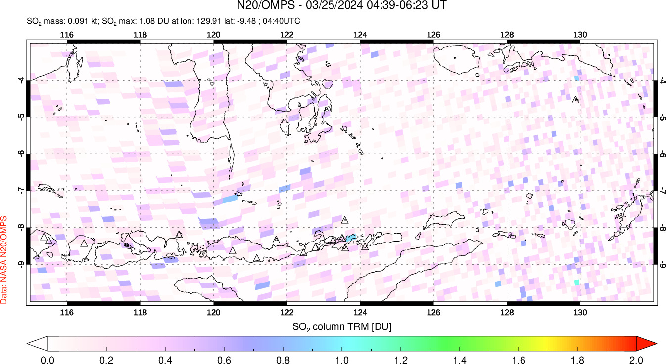 A sulfur dioxide image over Lesser Sunda Islands, Indonesia on Mar 25, 2024.