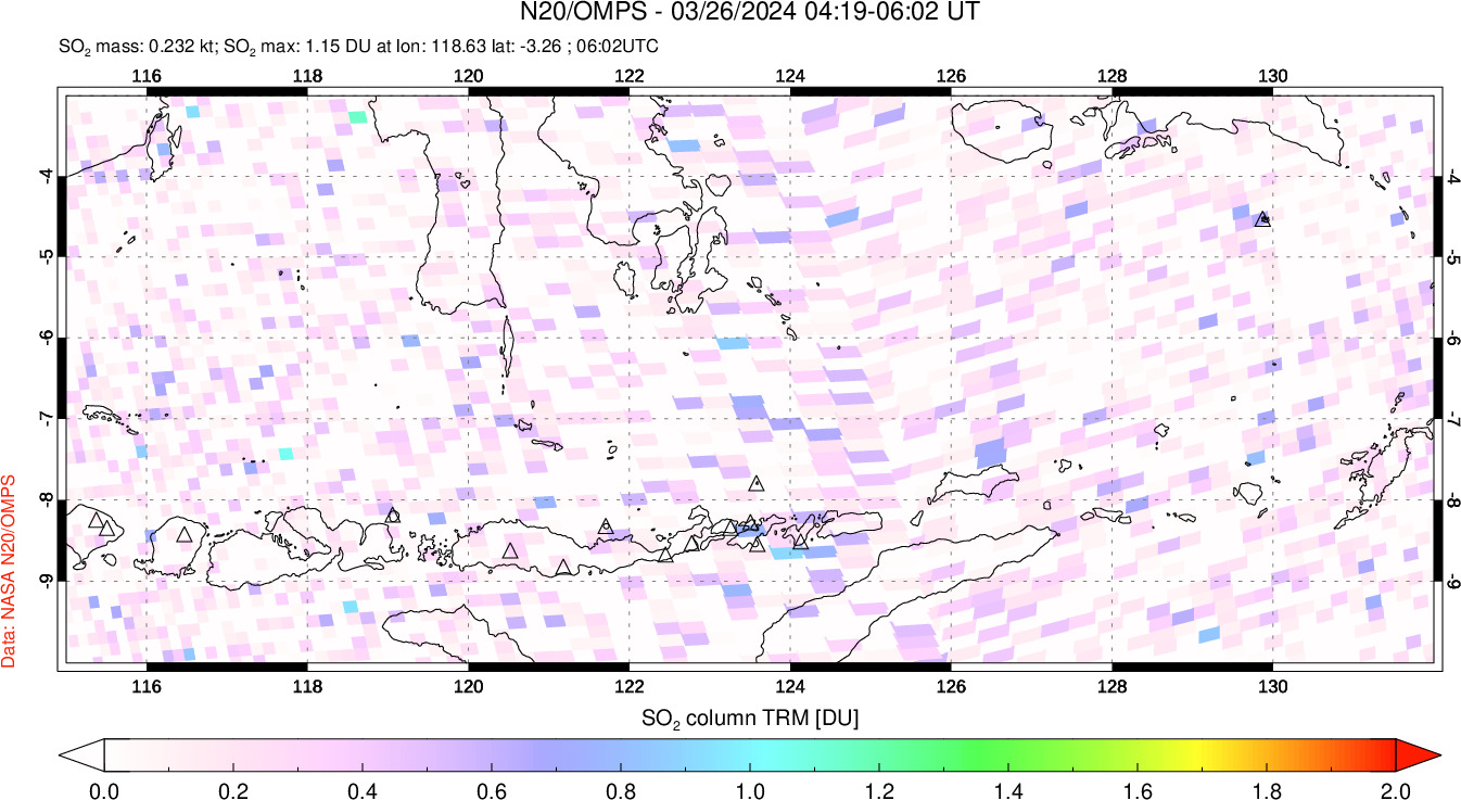 A sulfur dioxide image over Lesser Sunda Islands, Indonesia on Mar 26, 2024.