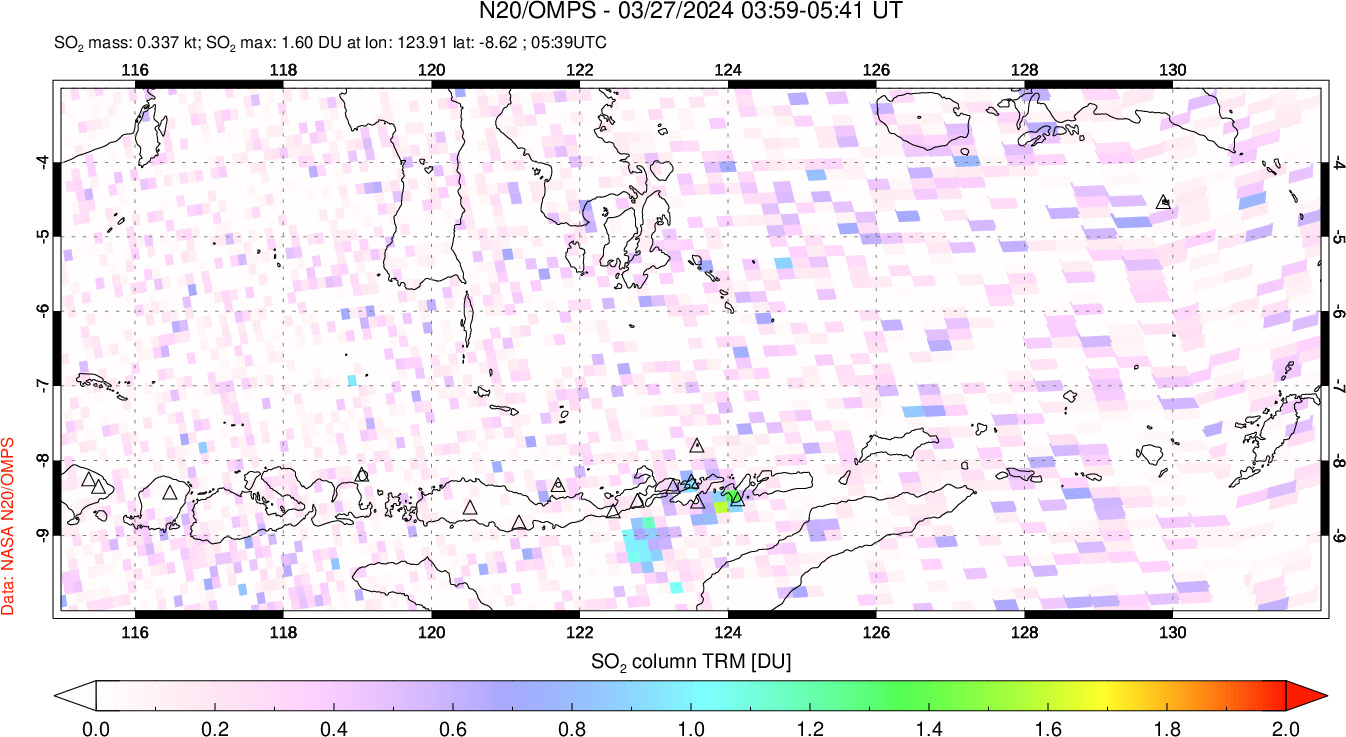 A sulfur dioxide image over Lesser Sunda Islands, Indonesia on Mar 27, 2024.