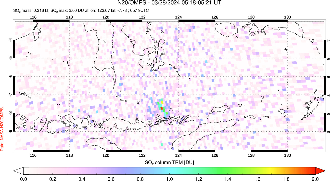 A sulfur dioxide image over Lesser Sunda Islands, Indonesia on Mar 28, 2024.