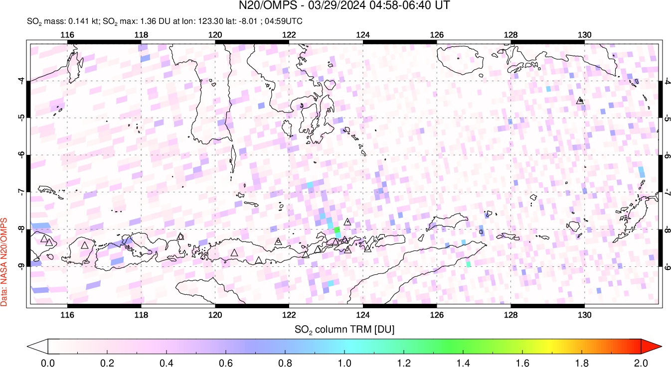 A sulfur dioxide image over Lesser Sunda Islands, Indonesia on Mar 29, 2024.