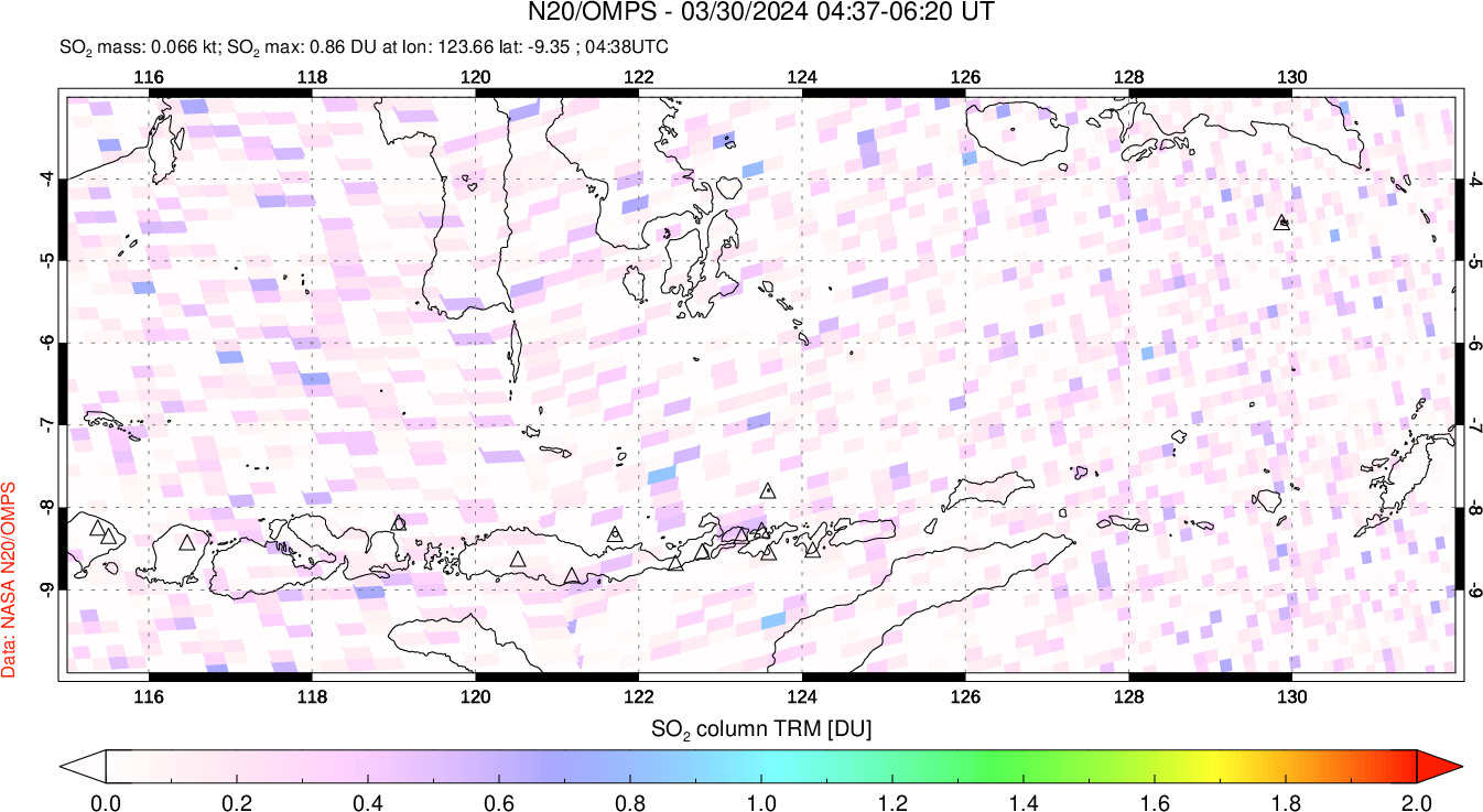 A sulfur dioxide image over Lesser Sunda Islands, Indonesia on Mar 30, 2024.