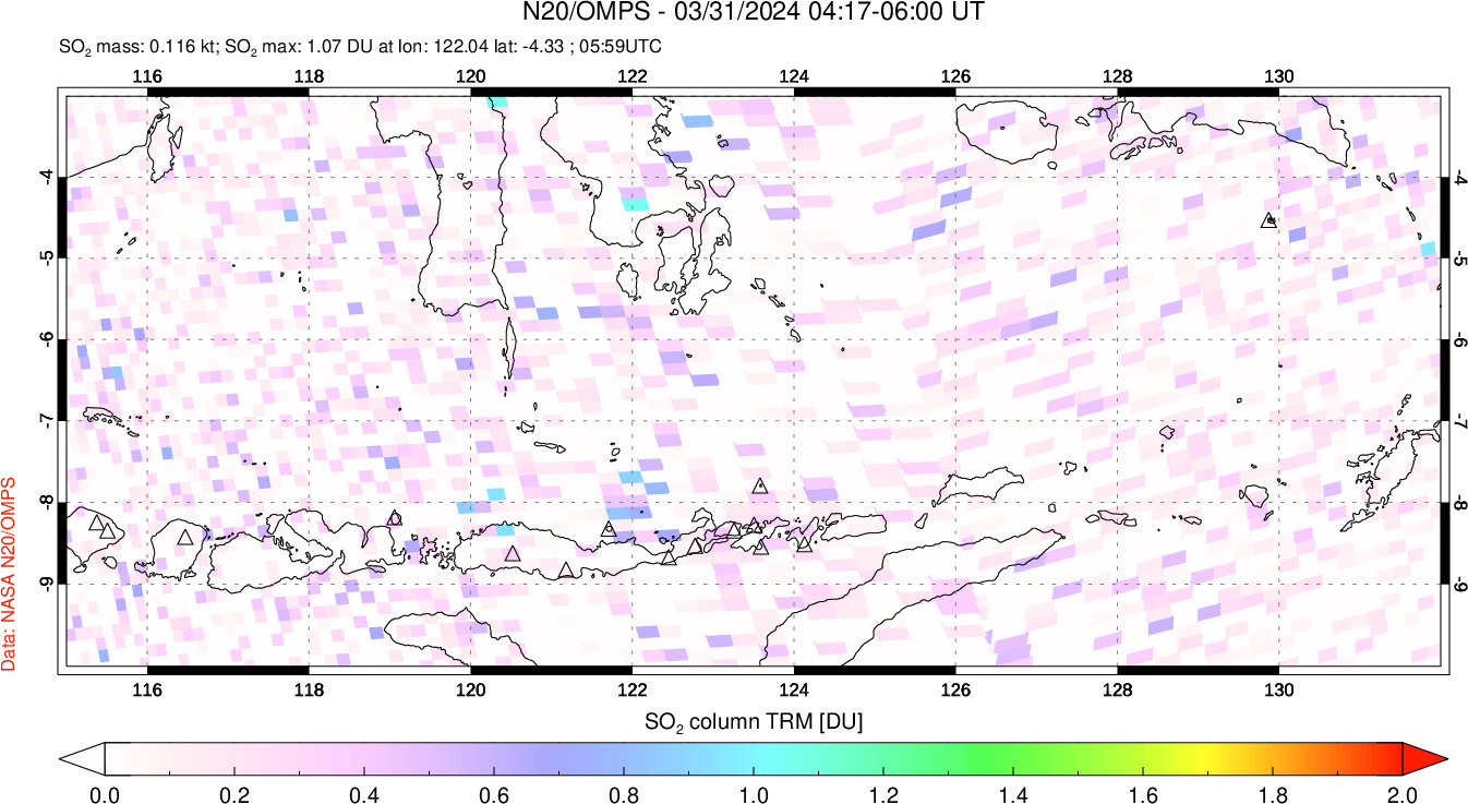 A sulfur dioxide image over Lesser Sunda Islands, Indonesia on Mar 31, 2024.