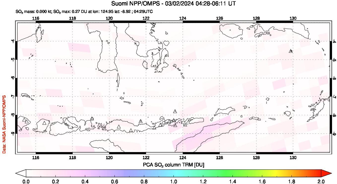 A sulfur dioxide image over Lesser Sunda Islands, Indonesia on Mar 02, 2024.