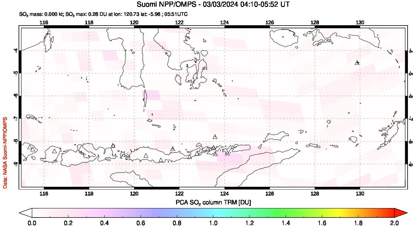 A sulfur dioxide image over Lesser Sunda Islands, Indonesia on Mar 03, 2024.