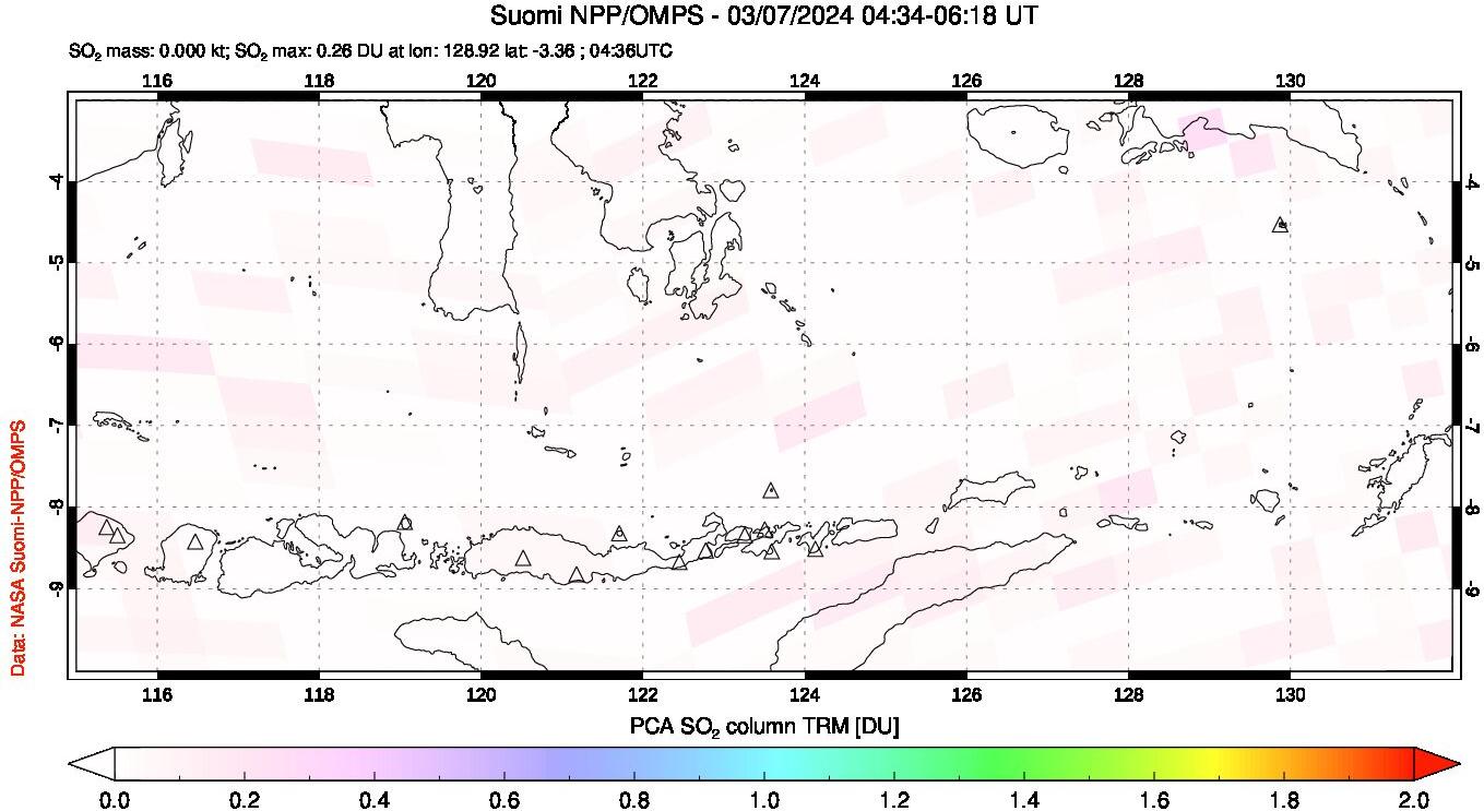 A sulfur dioxide image over Lesser Sunda Islands, Indonesia on Mar 07, 2024.