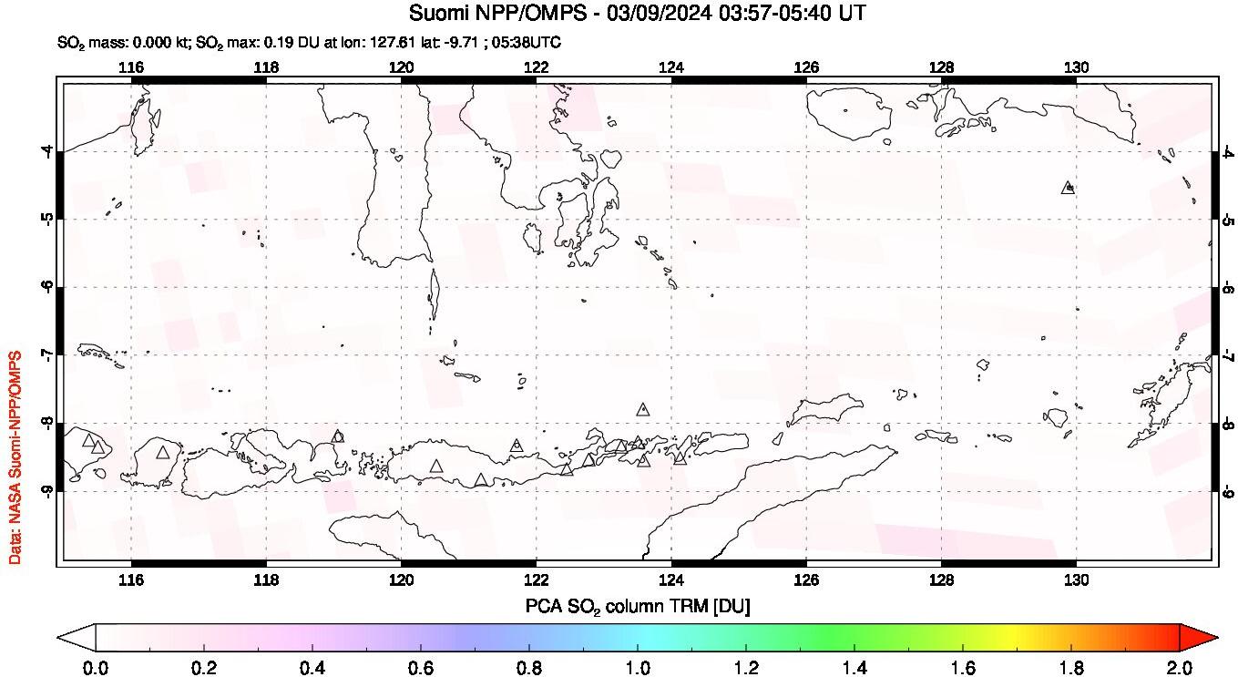 A sulfur dioxide image over Lesser Sunda Islands, Indonesia on Mar 09, 2024.