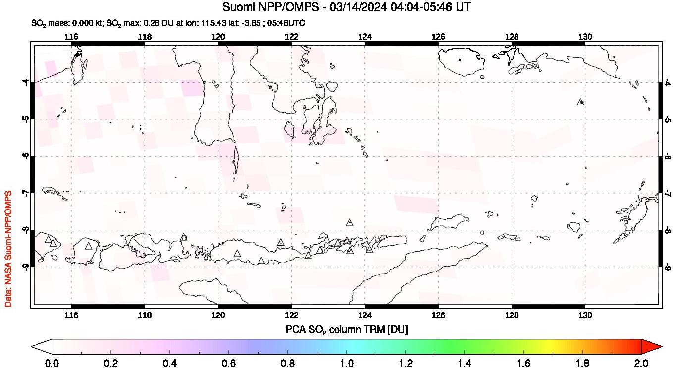 A sulfur dioxide image over Lesser Sunda Islands, Indonesia on Mar 14, 2024.