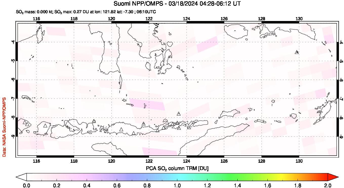 A sulfur dioxide image over Lesser Sunda Islands, Indonesia on Mar 18, 2024.