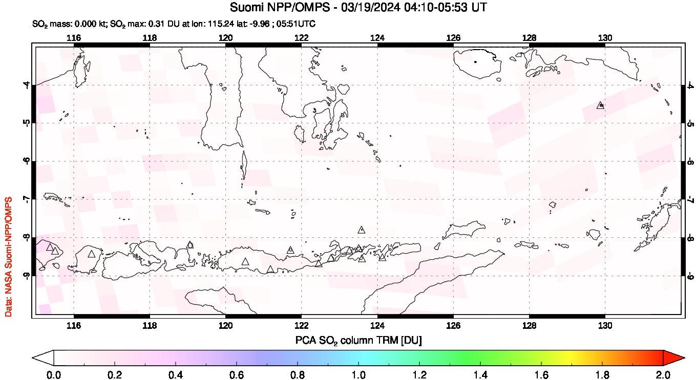 A sulfur dioxide image over Lesser Sunda Islands, Indonesia on Mar 19, 2024.