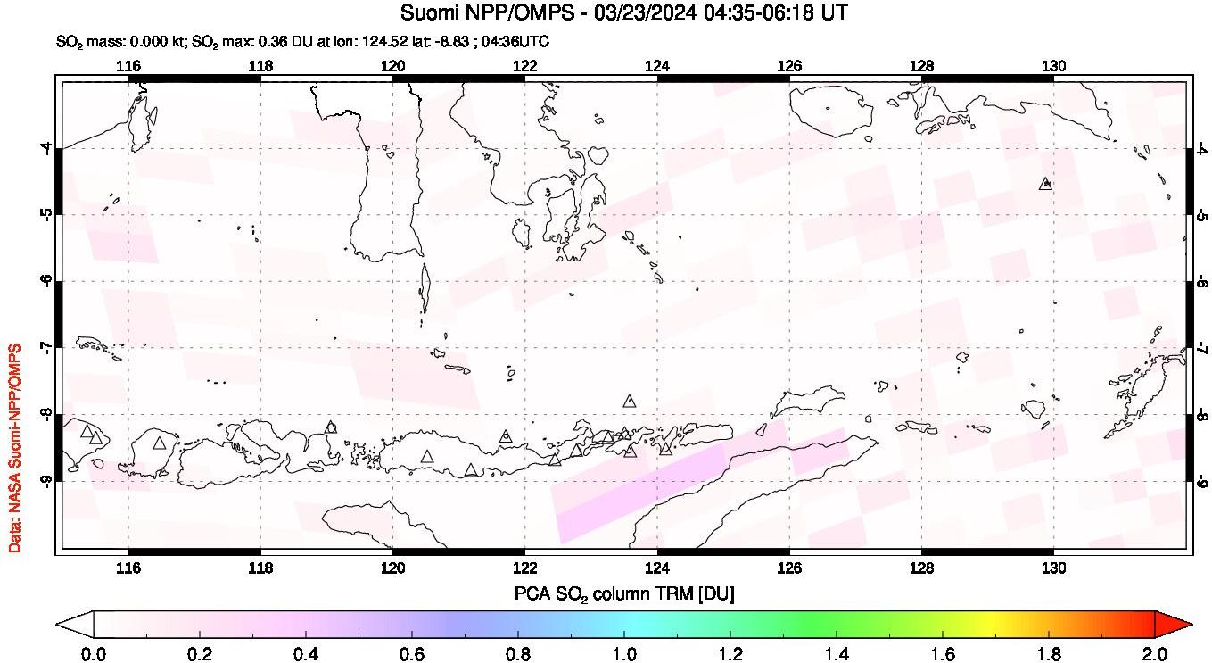 A sulfur dioxide image over Lesser Sunda Islands, Indonesia on Mar 23, 2024.