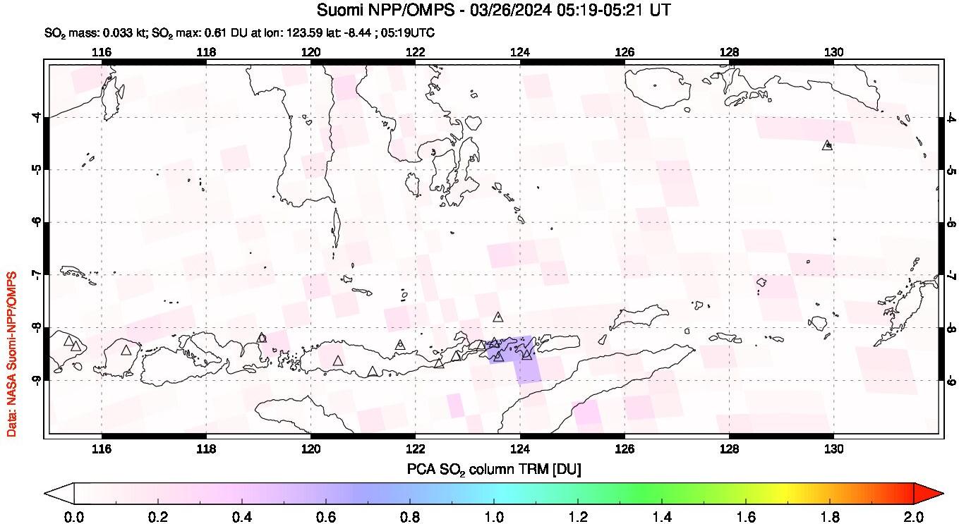 A sulfur dioxide image over Lesser Sunda Islands, Indonesia on Mar 26, 2024.