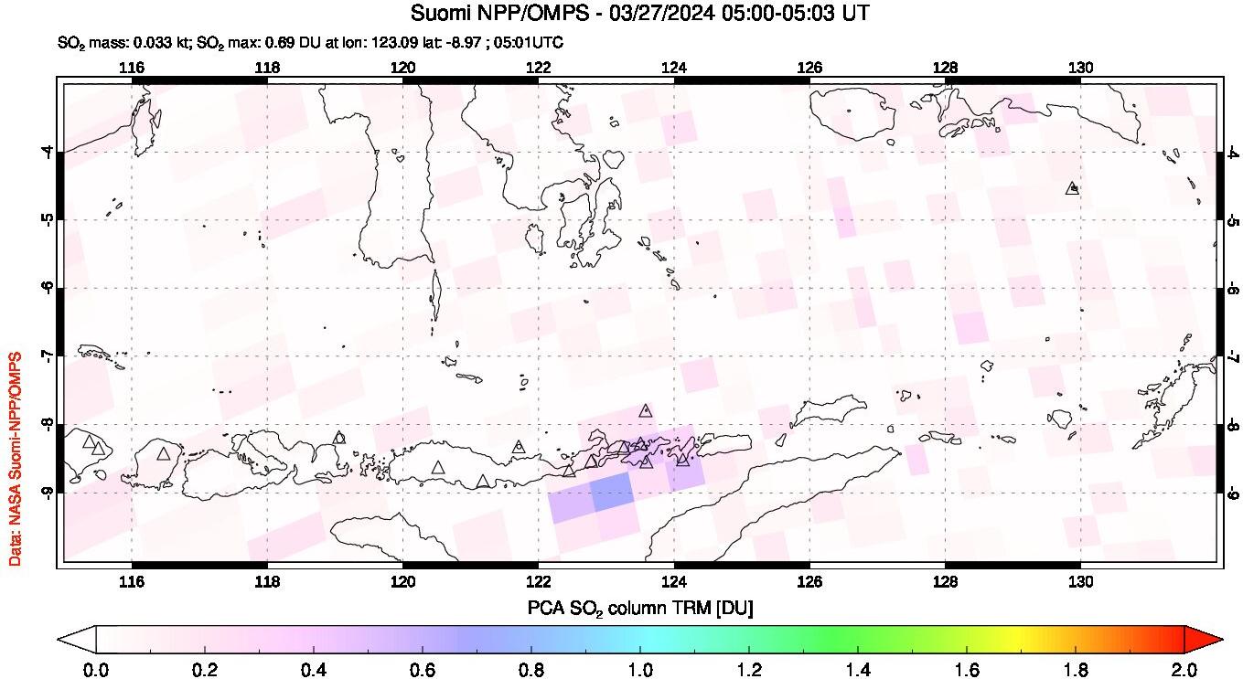 A sulfur dioxide image over Lesser Sunda Islands, Indonesia on Mar 27, 2024.