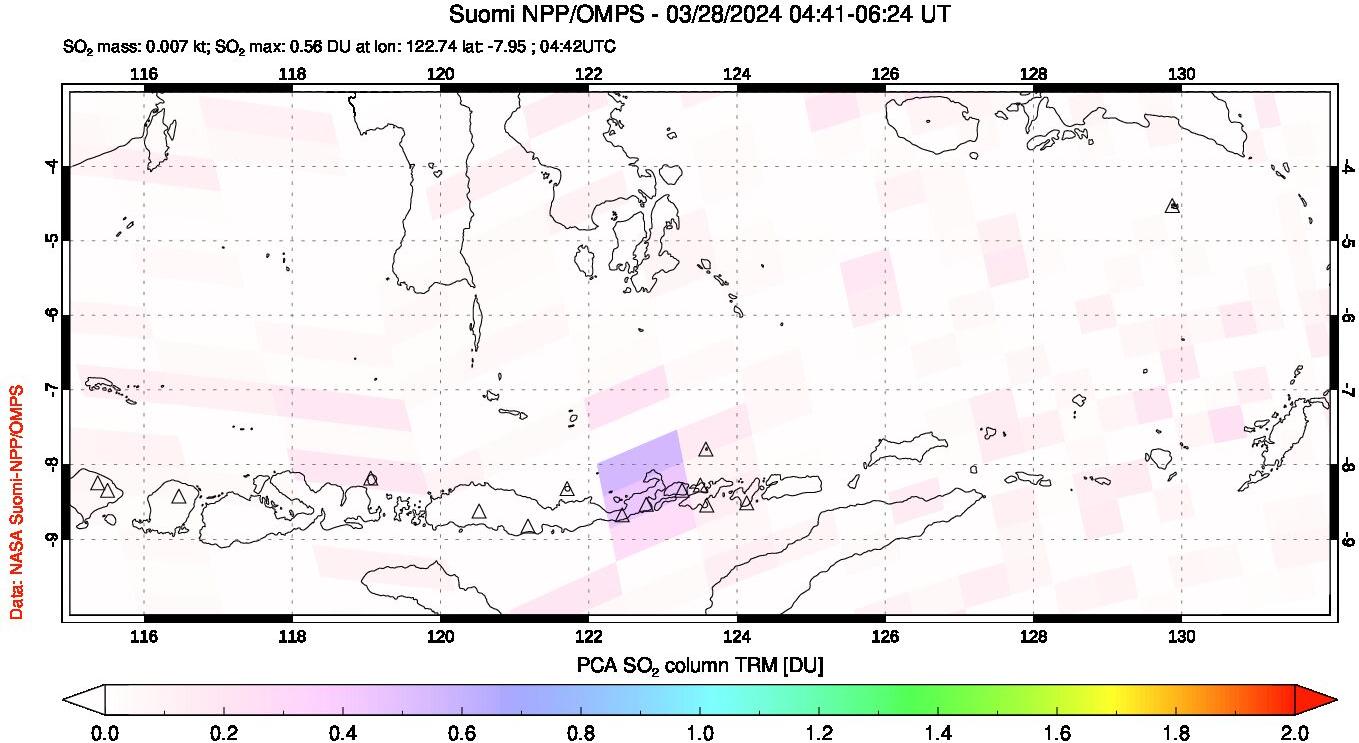 A sulfur dioxide image over Lesser Sunda Islands, Indonesia on Mar 28, 2024.