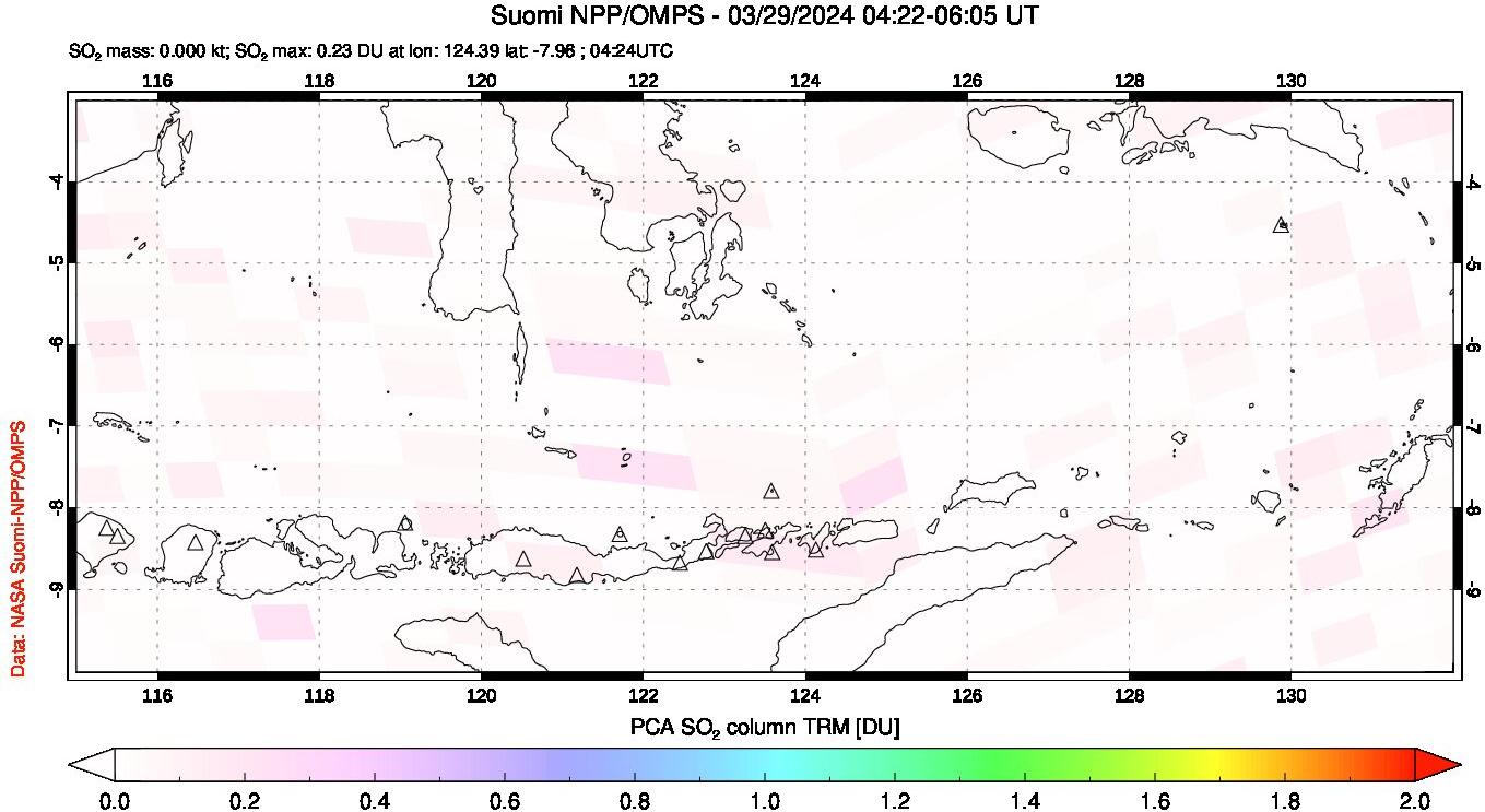 A sulfur dioxide image over Lesser Sunda Islands, Indonesia on Mar 29, 2024.