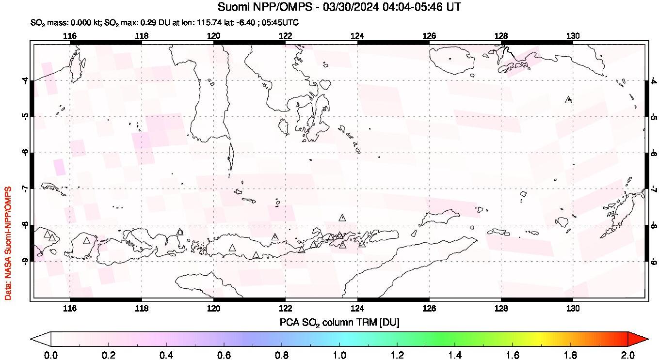 A sulfur dioxide image over Lesser Sunda Islands, Indonesia on Mar 30, 2024.