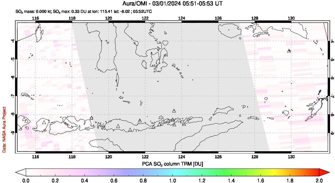 A sulfur dioxide image over Lesser Sunda Islands, Indonesia on Mar 01, 2024.