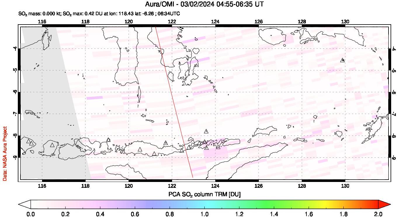 A sulfur dioxide image over Lesser Sunda Islands, Indonesia on Mar 02, 2024.