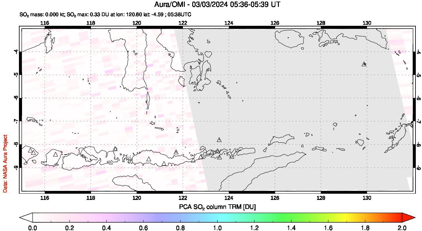 A sulfur dioxide image over Lesser Sunda Islands, Indonesia on Mar 03, 2024.