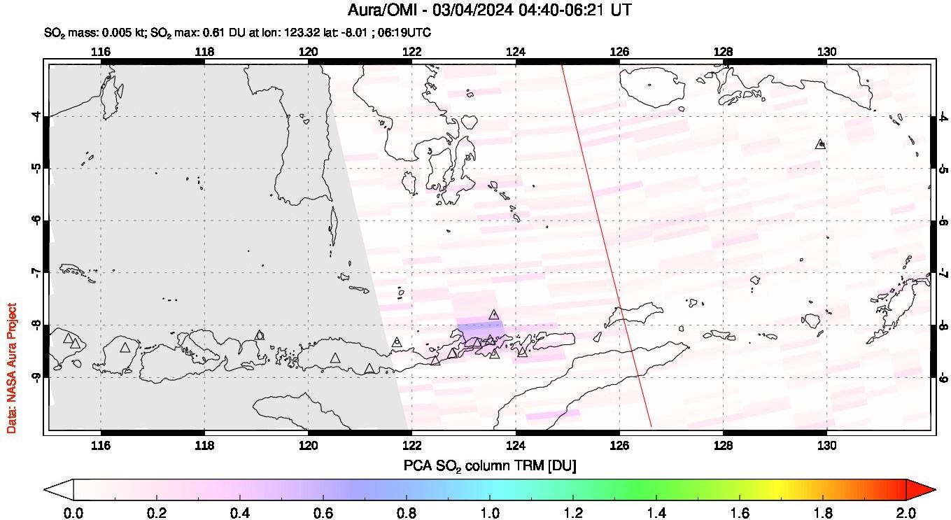 A sulfur dioxide image over Lesser Sunda Islands, Indonesia on Mar 04, 2024.