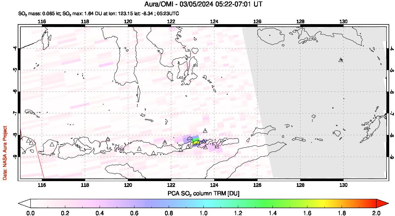 A sulfur dioxide image over Lesser Sunda Islands, Indonesia on Mar 05, 2024.