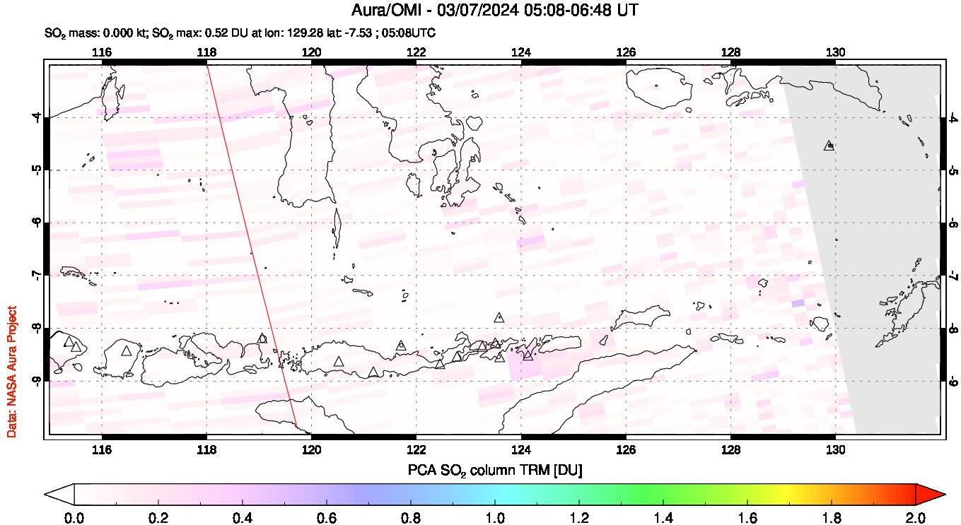 A sulfur dioxide image over Lesser Sunda Islands, Indonesia on Mar 07, 2024.