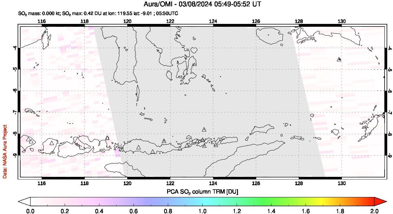 A sulfur dioxide image over Lesser Sunda Islands, Indonesia on Mar 08, 2024.