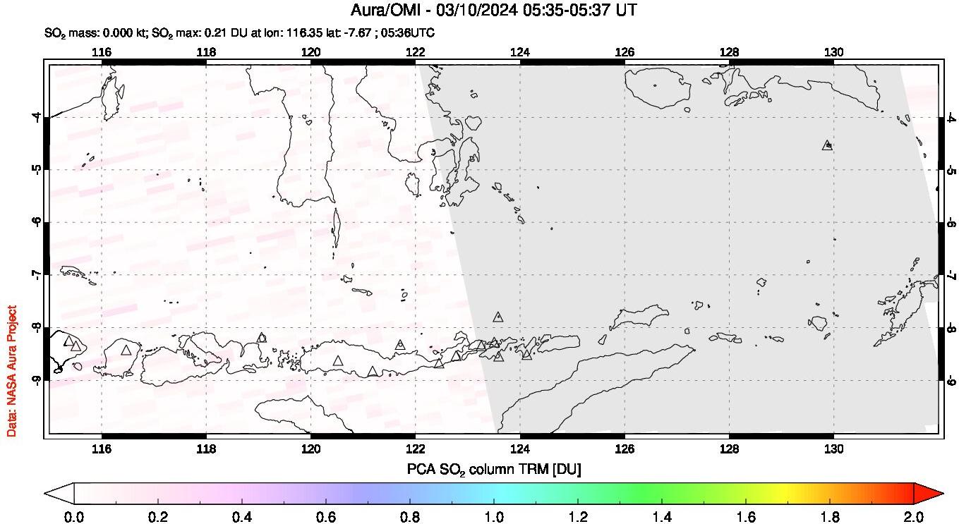 A sulfur dioxide image over Lesser Sunda Islands, Indonesia on Mar 10, 2024.