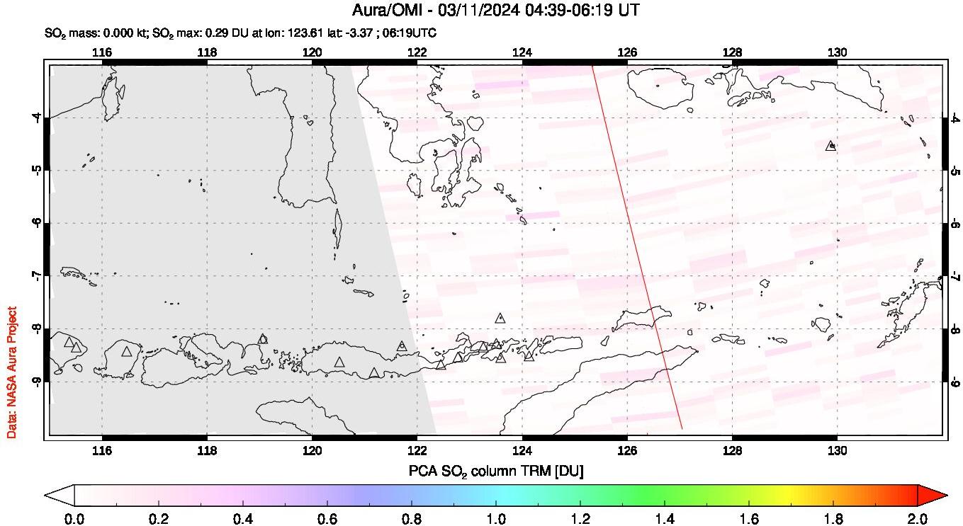 A sulfur dioxide image over Lesser Sunda Islands, Indonesia on Mar 11, 2024.