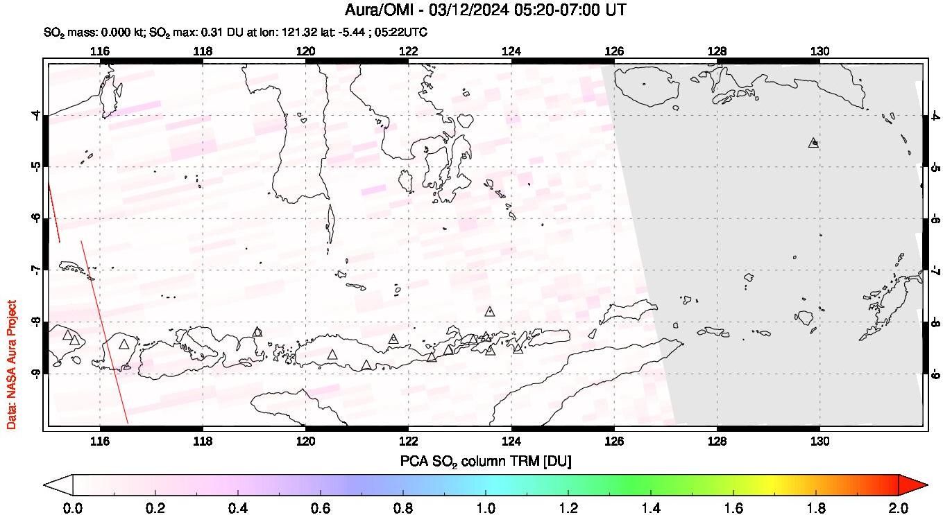 A sulfur dioxide image over Lesser Sunda Islands, Indonesia on Mar 12, 2024.