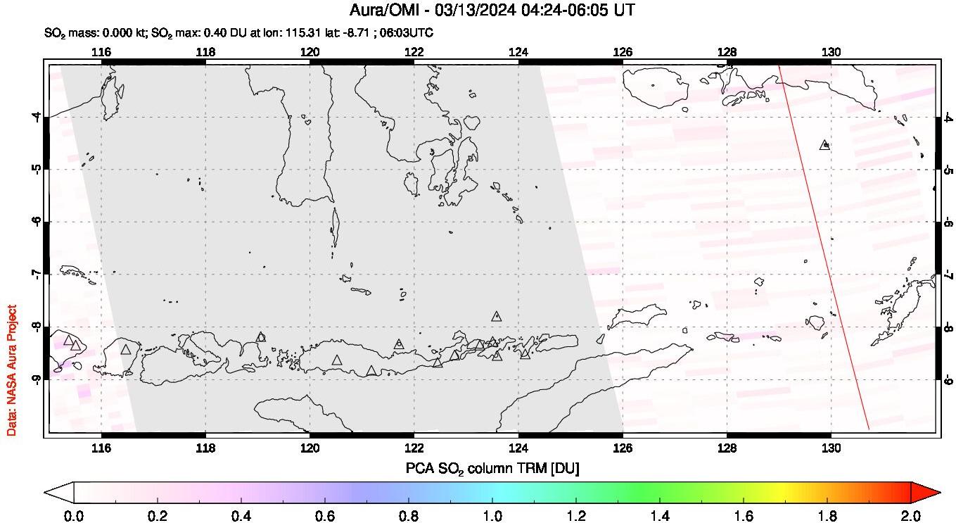 A sulfur dioxide image over Lesser Sunda Islands, Indonesia on Mar 13, 2024.