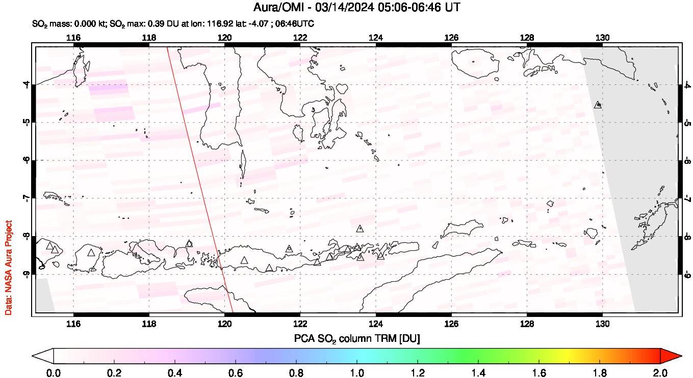 A sulfur dioxide image over Lesser Sunda Islands, Indonesia on Mar 14, 2024.