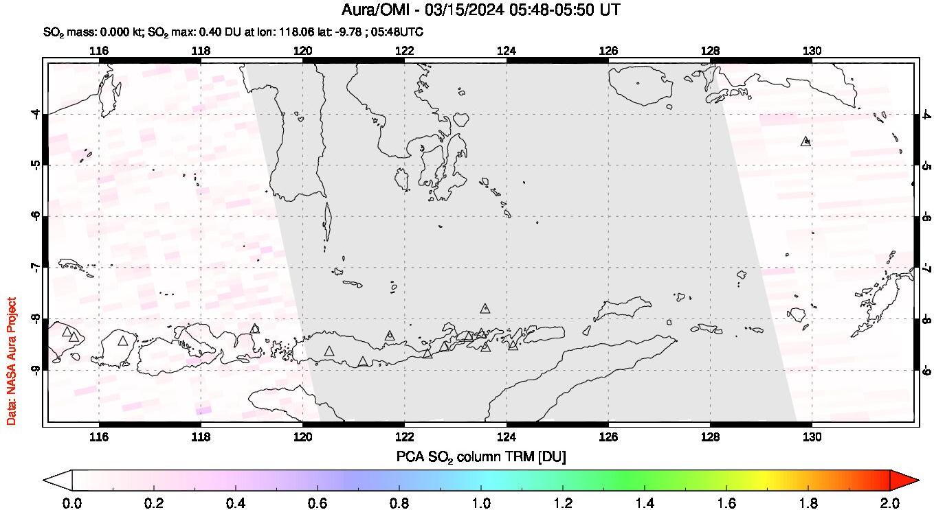 A sulfur dioxide image over Lesser Sunda Islands, Indonesia on Mar 15, 2024.